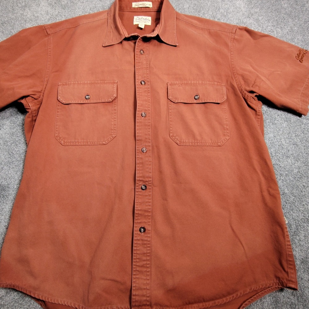 Cabelas Roughneck Shirt Mens L Short Sleeve Stonewash Canvas Orange Good